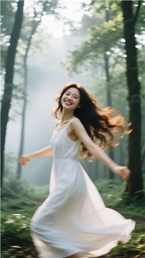 白色长裙美女树林自由自在欢笑图片